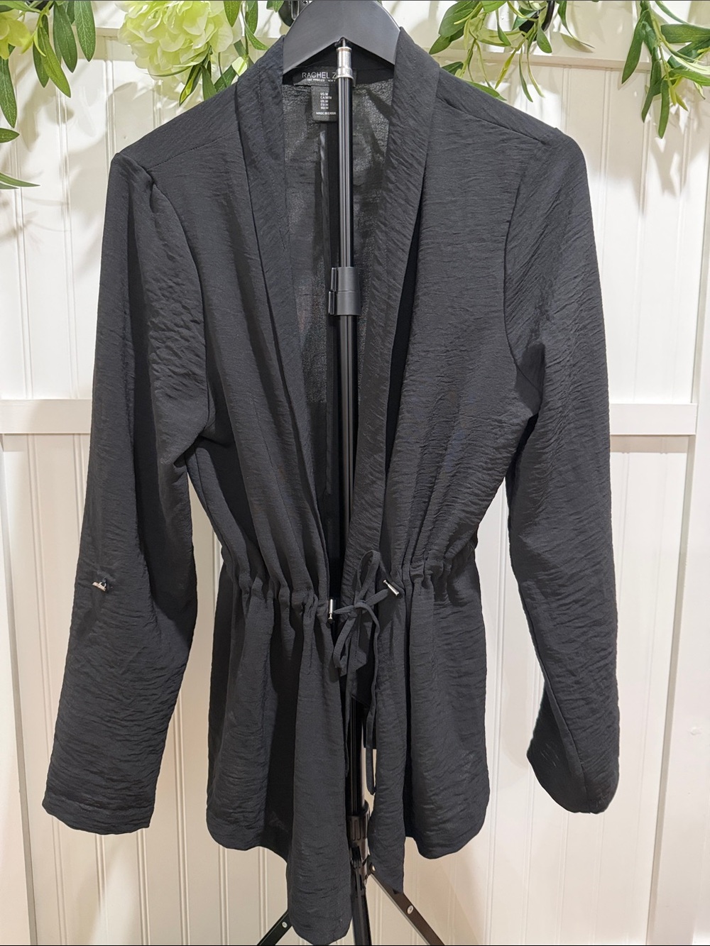 #1042 RACHEL ZOE Black Textured Drawstring Waist Lightweight Cardigan